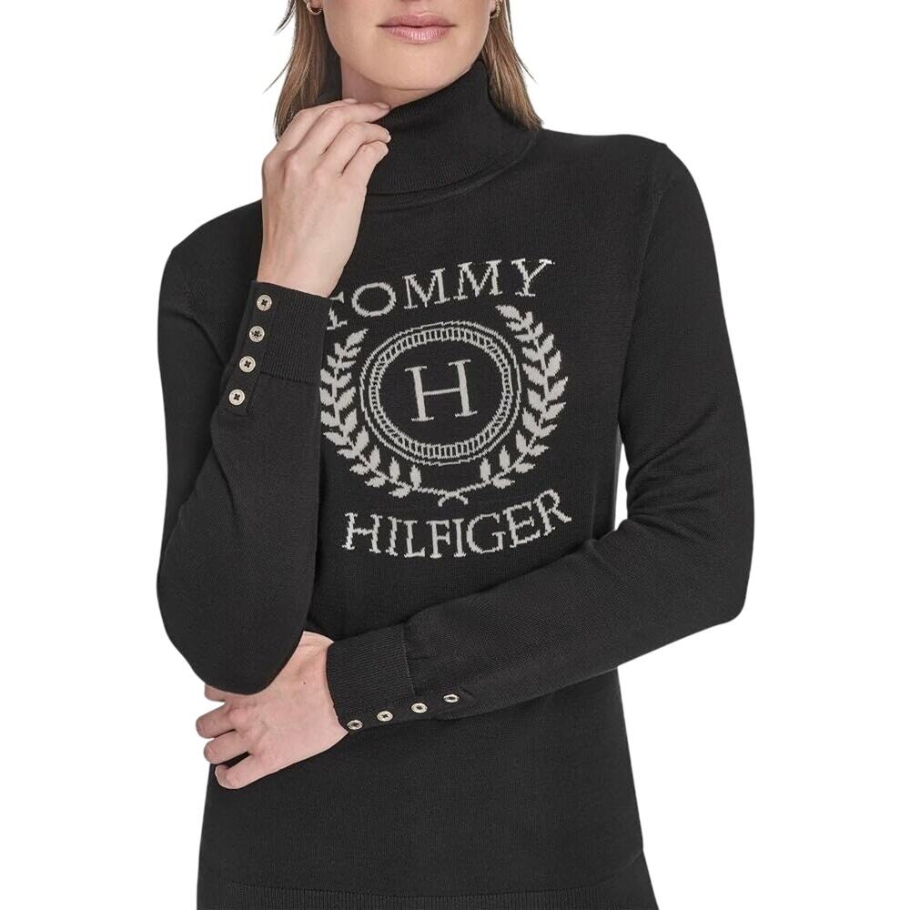 NWT Tommy Hilfiger Women's Black Turtleneck Crest Logo Sweater Size L